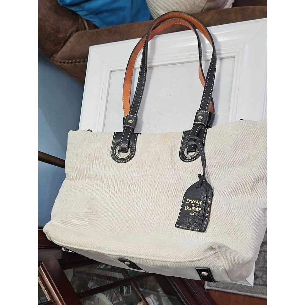 Dooney & Bourke Cream Canvas Tote with Black Leather Leather Handles